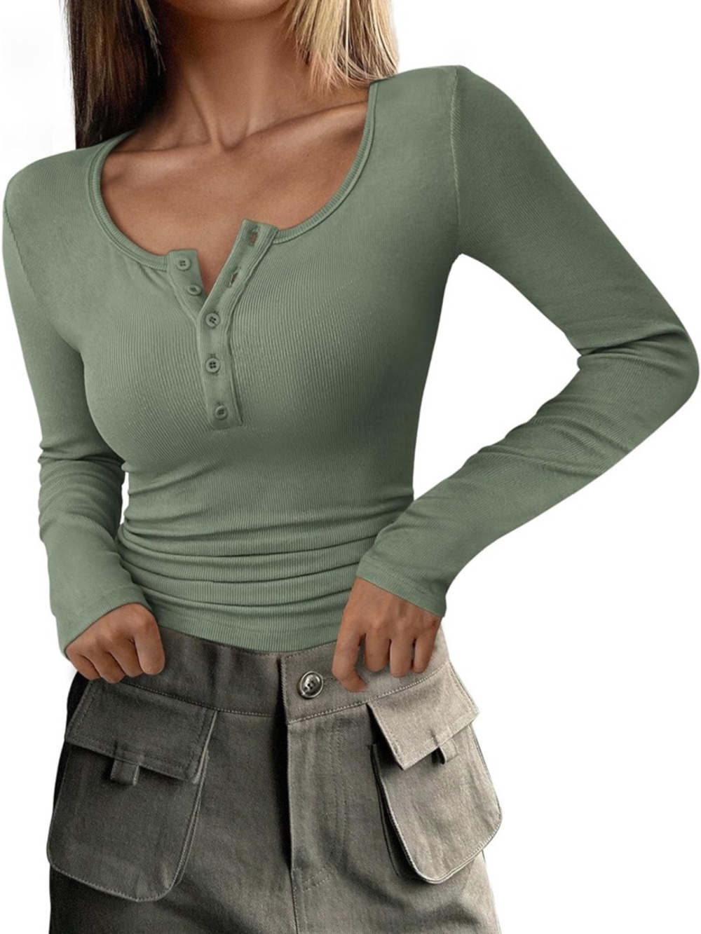 ๐ท 3-Pack Long-Sleeve Henley Tops โ Cream, Sage Green & Rust Brown - Picture 4 of 4